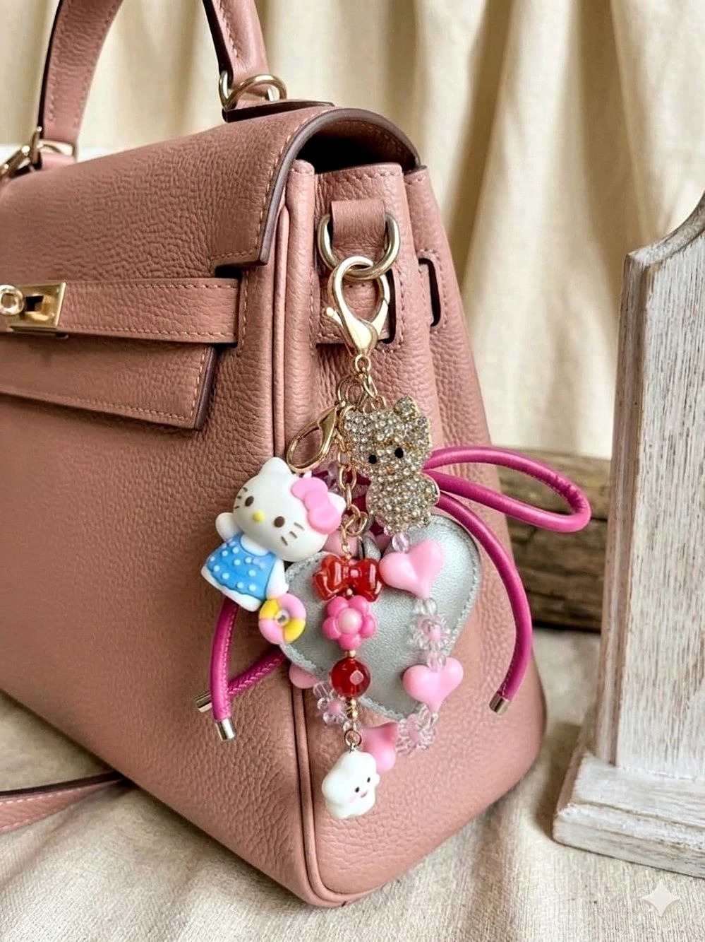 Handmade HK inspired Pink & White Hearts & Bow Bag Charm